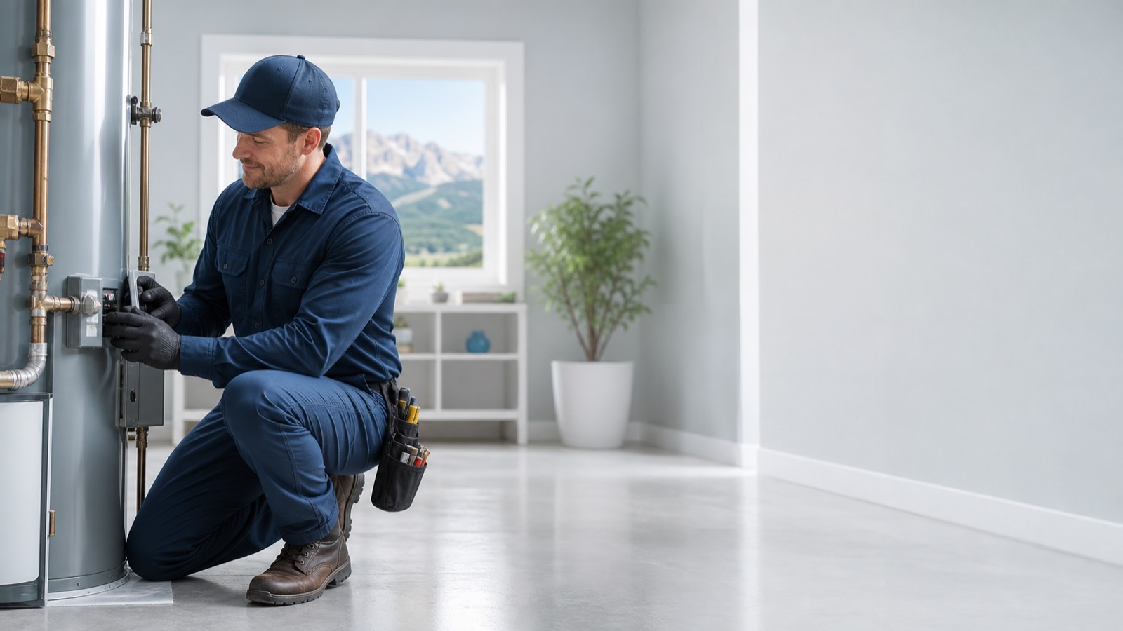 Plumbing professional servicing a residential water heater